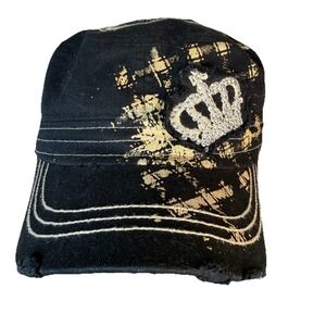 VTG Leader Hat Cap Black Jeweled Crown Distressed One Size Fits Most Y2K Metal
